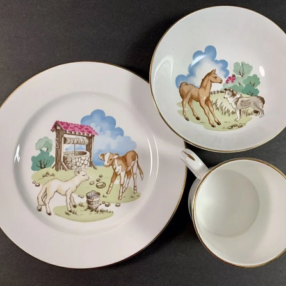 Vintage Rare Princess House Spode Hammersley Child's Farm Animal Dish Set 3 PCS